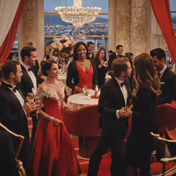 people gathered at a table having drinks and talking
