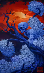 a skeleton sits on a tree branch, staring at the sky