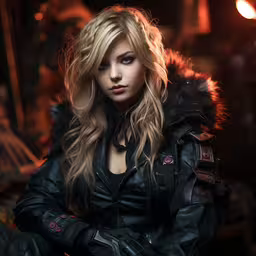 a woman with long blond hair and an extreme outfit,blonde woman wearing a black leather jacket posing for a photo