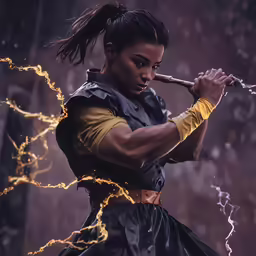 a woman holding a wooden stick in her hands