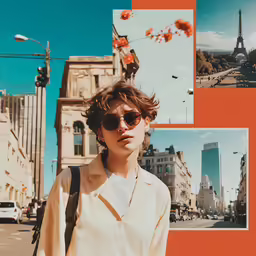 a woman wearing sunglasses is standing in front of an orange and white background