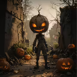 an animated image of a man with pumpkin heads in a alley