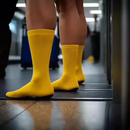 the legs of people with yellow socks standing on a floor