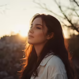 a woman with long dark hair is standing in a field with her hair blowing in the wind