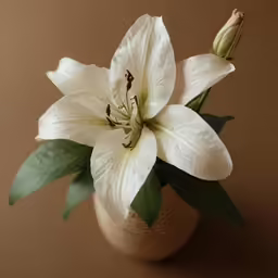 a white flower in a small beige vase