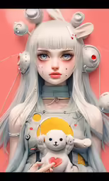 a girl wearing headphones and holding a teddy bear