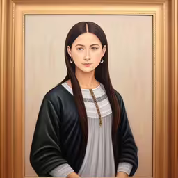 a painting of a woman with long hair and a black dress