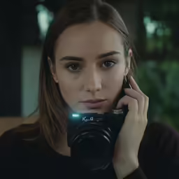 a woman with brown hair and blue eyes is taking a picture of herself