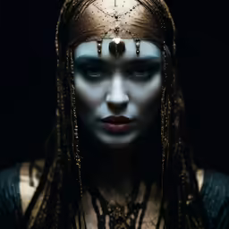 there is a woman in dark with white makeup and hair