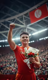 a man holding flowers is celebrating a team event