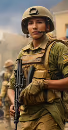there is a man in uniform standing next to another person,there is a female soldier holding a rifle
