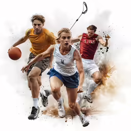 three men are running while a girl is playing basketball