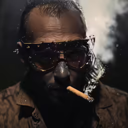 the man has smoke, and a cigarette in his mouth