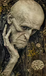 a surreal and creepy creature with his head resting on the hands of a human