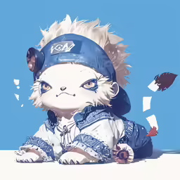 a drawing of a small white fluffy cat wearing a baseball hat