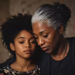 a woman and young girl looking down while they are both wearing earrings