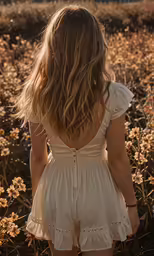 a young woman in short sleeve dress walking through field