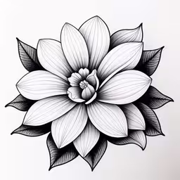 a black and white drawing of a flower with leaves on it
