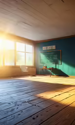 a room that has wooden floors and windows with sunlight