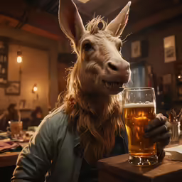 a man in a donkey mask is holding up a glass of beer