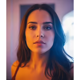 a beautiful woman posing for a photograph wearing an orange shirt