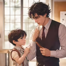 a young boy wearing a vest with his dad