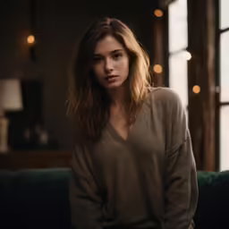 woman wearing a gray sweater looking at the camera
