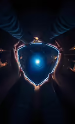 hands holding open a heart shaped object in the middle of a dark room