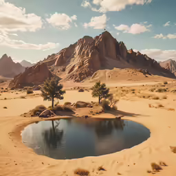 a small lake in the middle of desert landscape