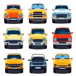a number of cars in different styles and colors,nine different colored cars parked in a row