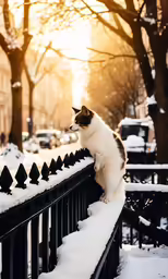 the cat is perched on the railing outside