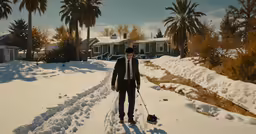 a man in suit walking across a snow covered road