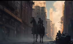 the person rides on the back of a horse through the city