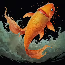 the golden fish is looking up as he swims