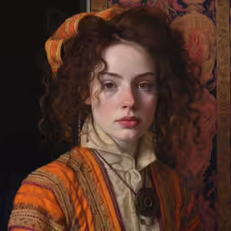 an image of a woman that is looking at the camera,an oil painting of a woman wearing orange