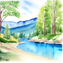 a painting with water and trees on a beach