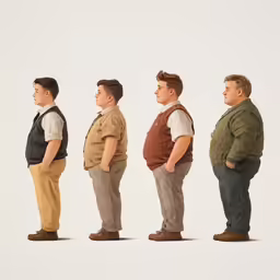 a man is standing in a line of three different types of pants