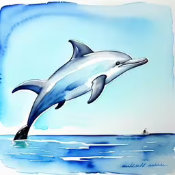 a dolphin jumping out of the water,a painting of a dolphin jumping into the water