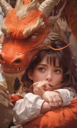 a girl standing next to a statue of a dragon with two eyes