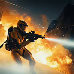 a video game character in action with a gun