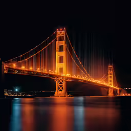a very long bridge over some water in a night time