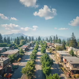 a road runs through the middle of the small town