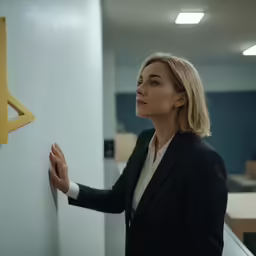 a woman is standing by a wall in an office