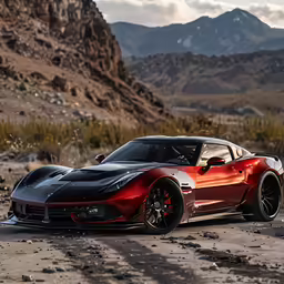 this red and black sports car is sitting in the middle of the road