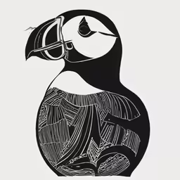 an artistic bird with a trumpet and other things in the background