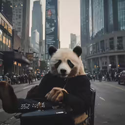 a man dressed as panda bear sitting on top of a chair