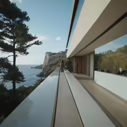 a woman looking at an ocean view from a balcony of a house