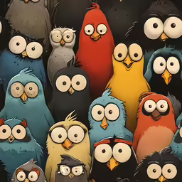a group of multicolored angry birds are facing a different direction