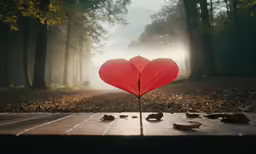 a heart - shaped tree in the woods is displayed on a wooden table