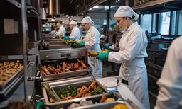 cooks preparing food inside of a large kitchen